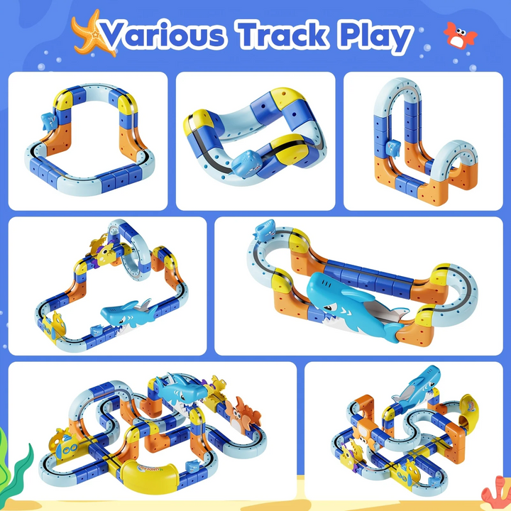 Modular train track layouts with loops, curves, and multilevel routes