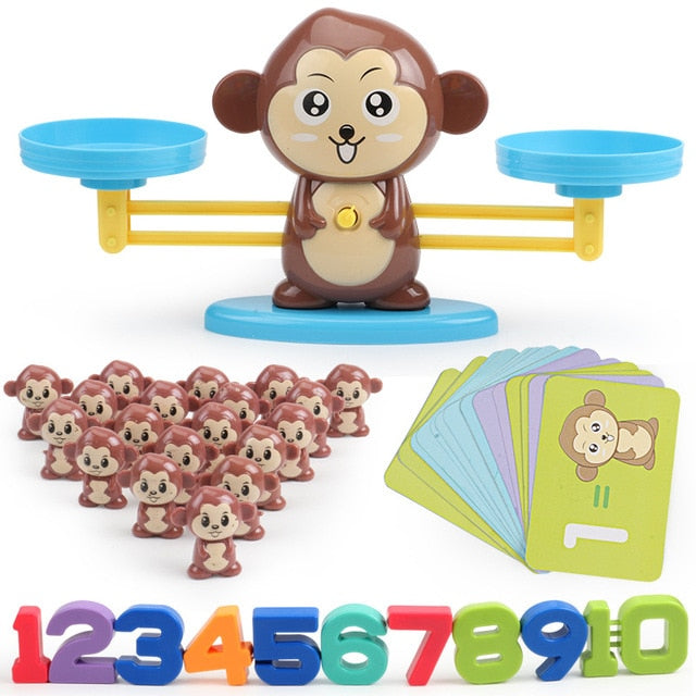 Monkey balance math game with colorful numeral weights, monkey counters, and activity cards