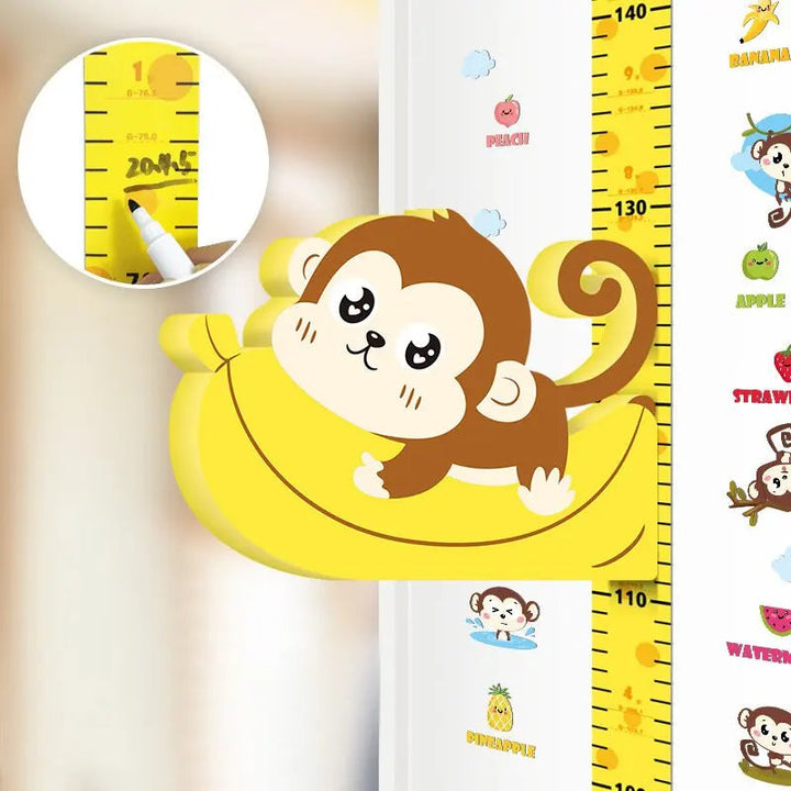 Monkey sitting on a banana beside a yellow height scale with fruit illustrations
