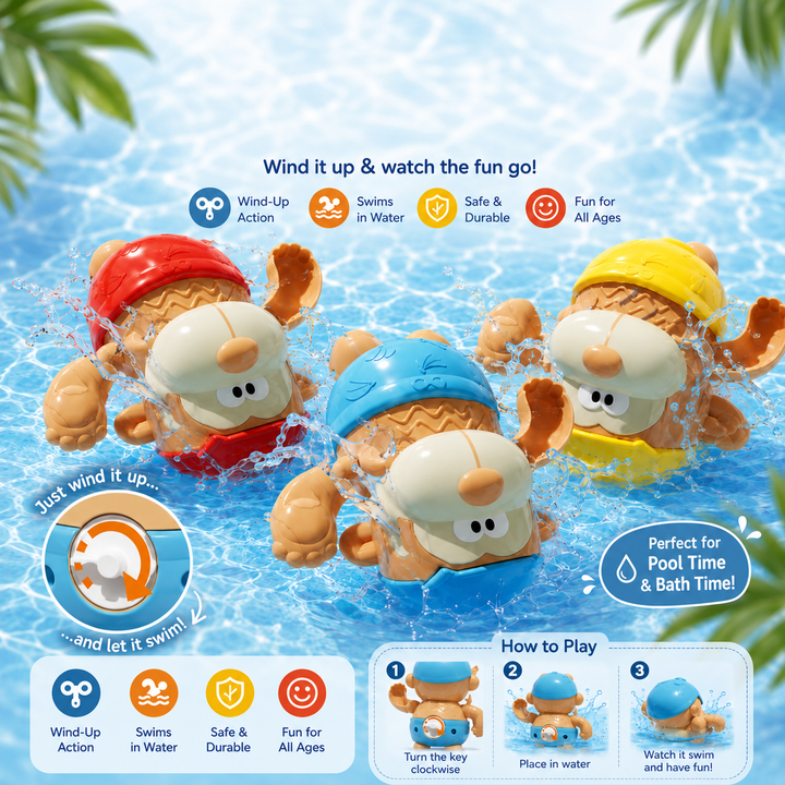 Wind-up monkey bath toys with a diagram showing how to turn the key and place them in water