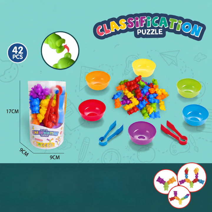 Monkey-shaped sorting figures with six colored bowls, two tongs, and a storage tube