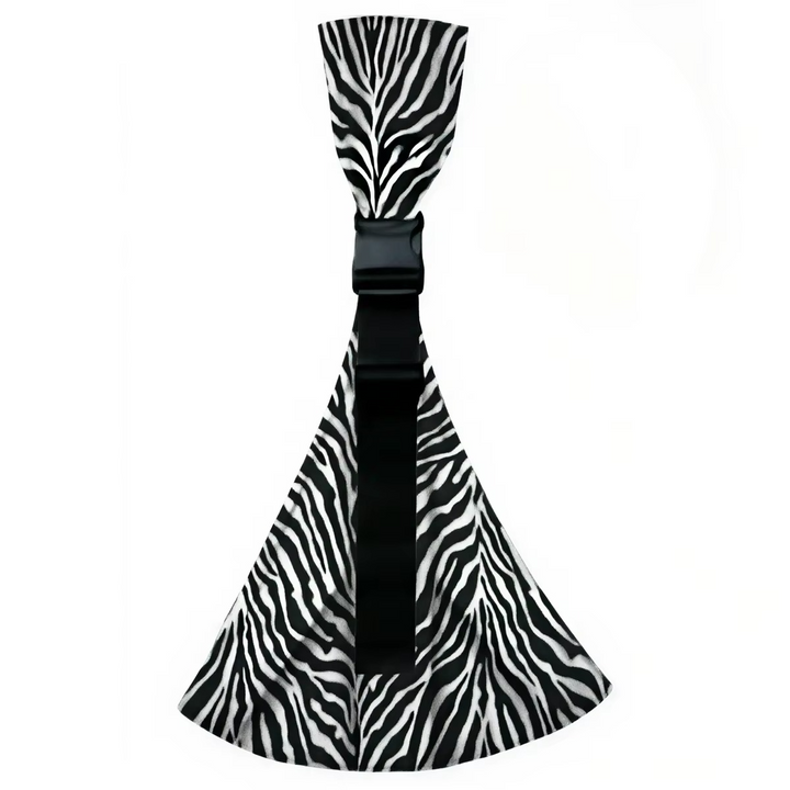 Black-and-white zebra-print hip carrier with a black buckle and strap