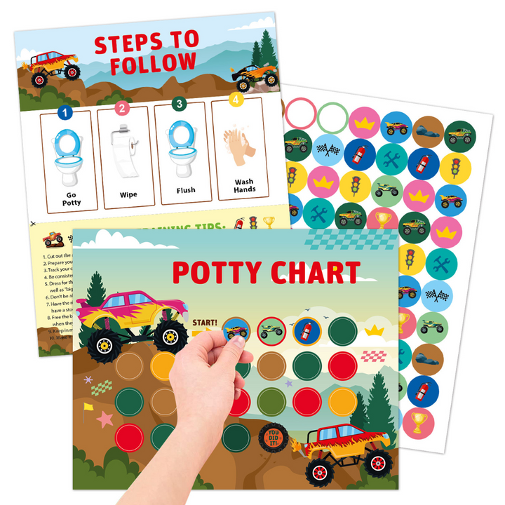 Monster car potty training chart with vehicle stickers and an illustrated routine guide