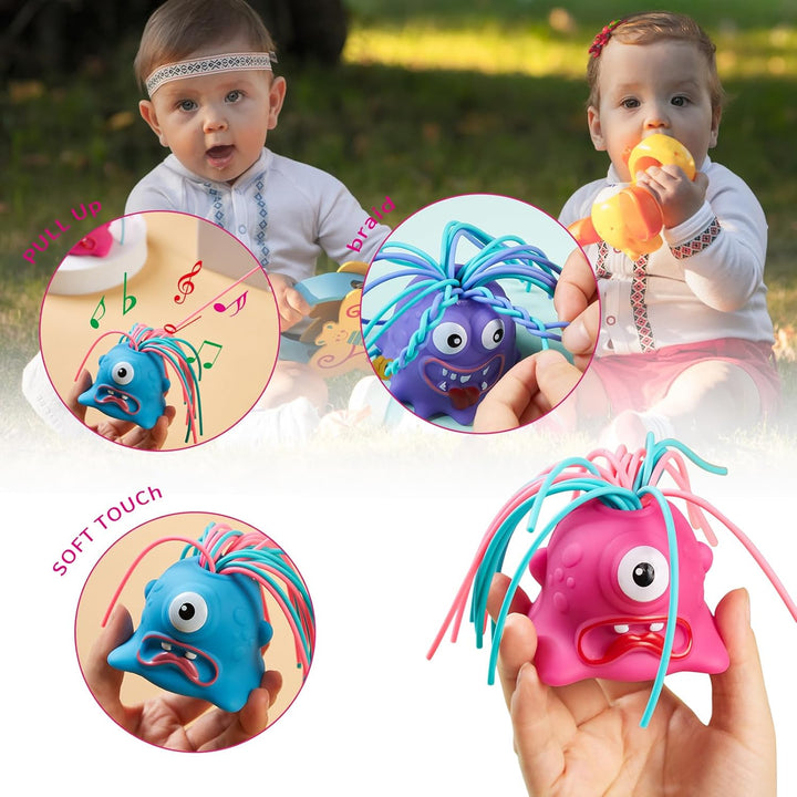 Children outdoors above close-ups of blue and pink monster squeeze toys held in hands