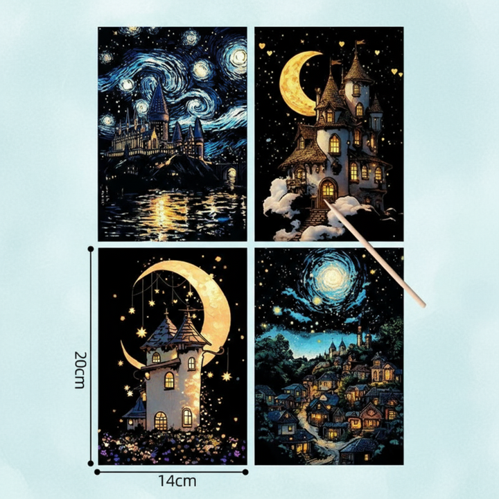Four moon-and-castle scratch cards with a wooden stylus and 14 x 20 cm measurements