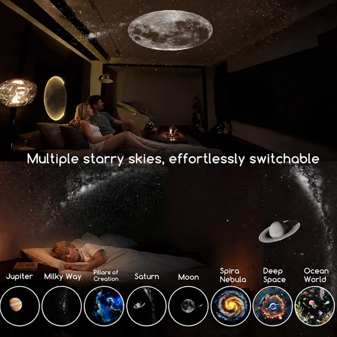 Moon and planet ceiling projections with a selection of interchangeable disc designs