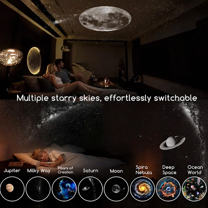 Moon and planet ceiling projections with a selection of interchangeable disc designs