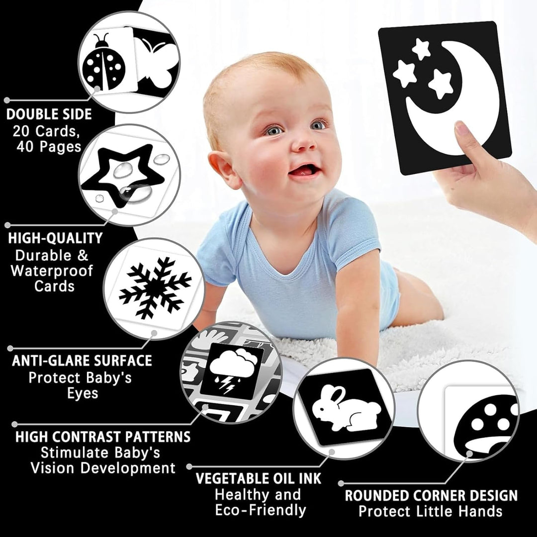 Baby looking at a moon-and-stars card beside close-ups of double-sided picture cards