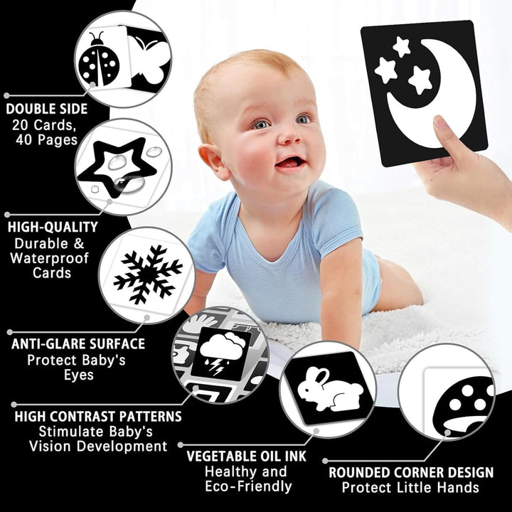 Baby looking at a moon-and-stars card beside close-ups of double-sided picture cards