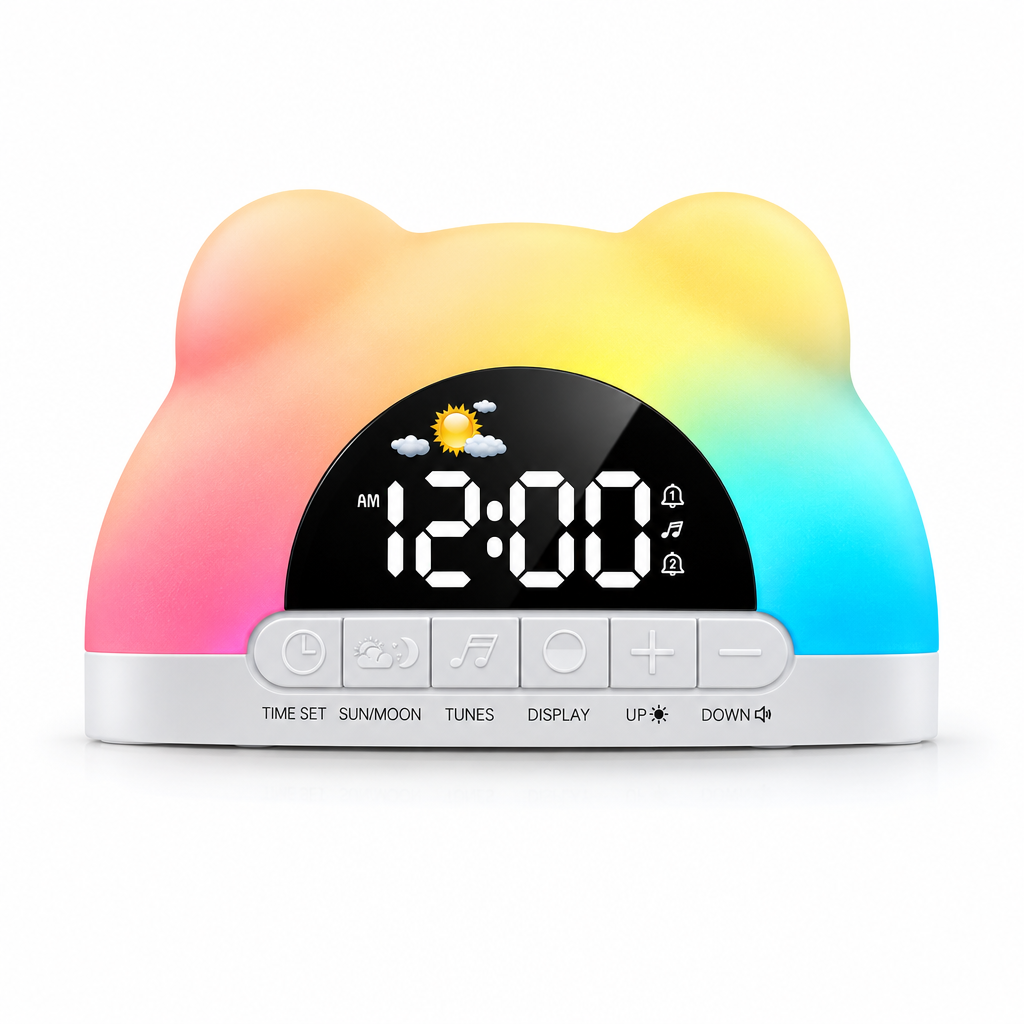 Front view of the rainbow-lit digital alarm clock with a white base and control buttons.