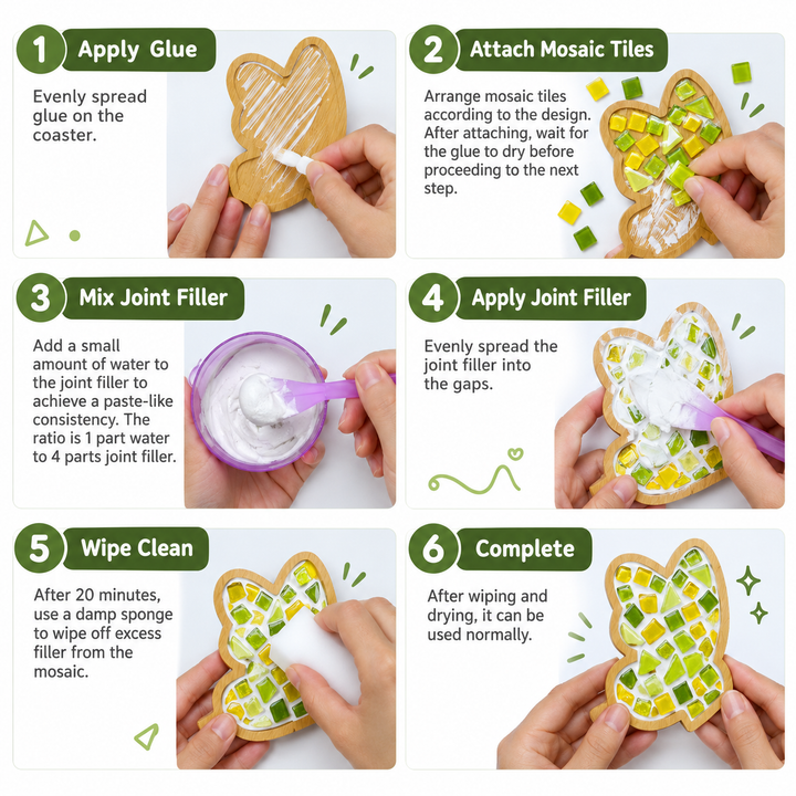 Six-step mosaic guide showing glue application, tile placement, filler mixing, filling gaps and wiping clean