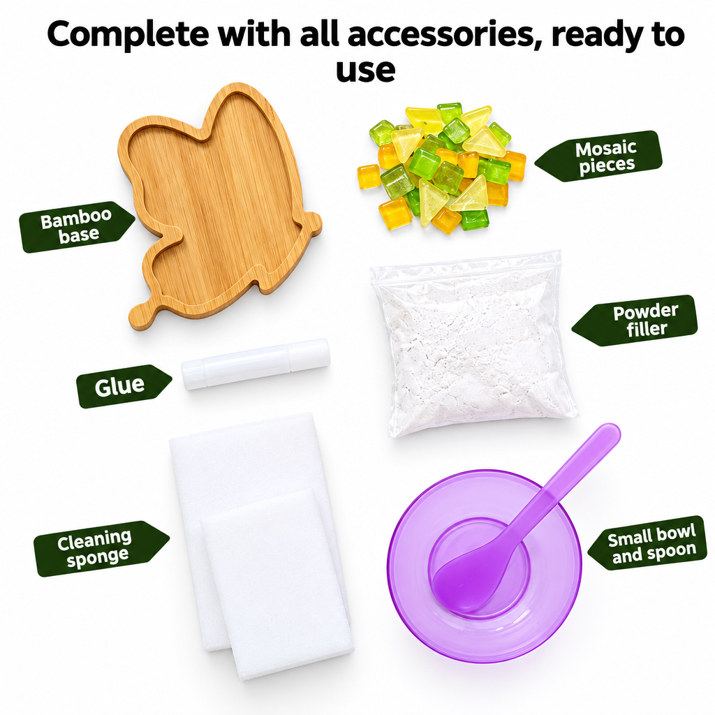 Mosaic coaster kit contents with bamboo base, tiles, glue, filler powder, sponge, bowl and spoon