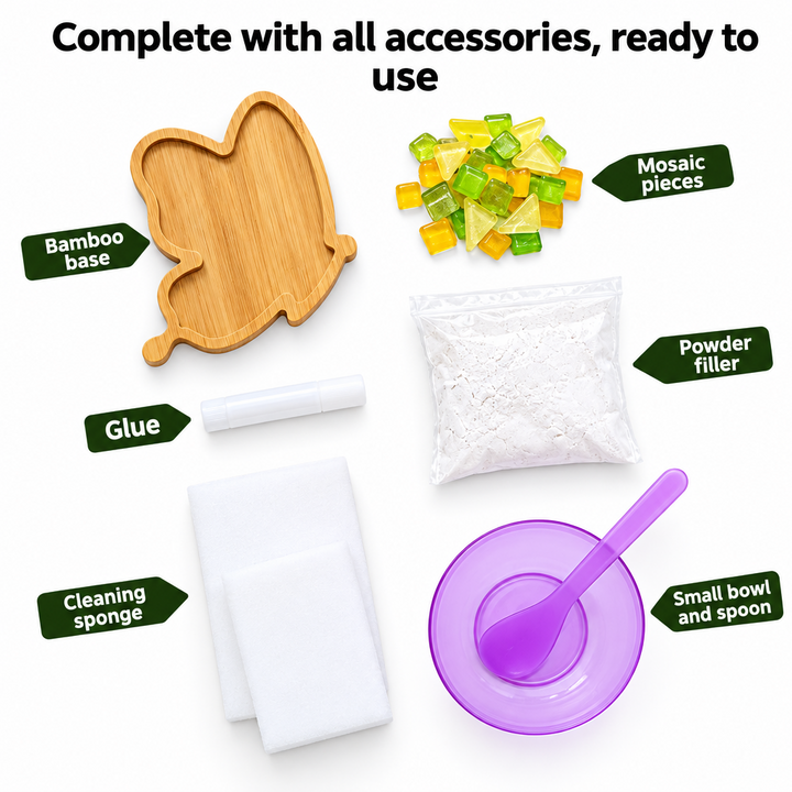 Mosaic coaster kit contents with bamboo base, tiles, glue, filler powder, sponge, bowl and spoon