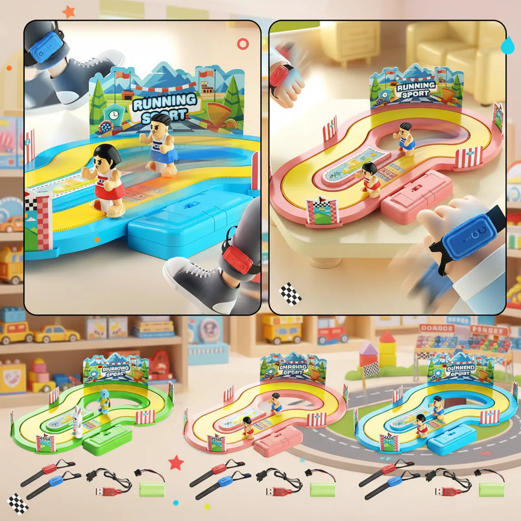 Blue, pink, and green racing tracks with examples of wrist and ankle motion controls.