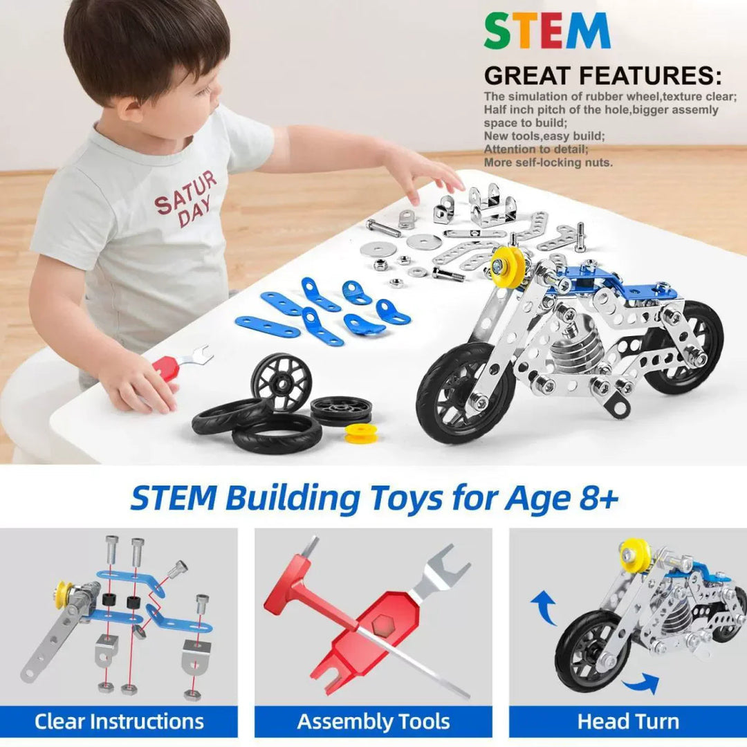 Blue motorcycle kit with illustrated instructions, assembly tools, and an ages 8+ label
