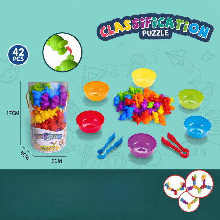 Mouse-shaped sorting figures with six colored bowls, two tongs, and a storage tube