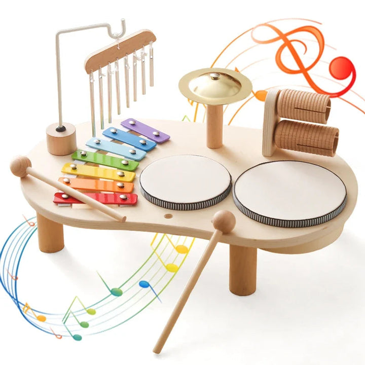 Music playset with two mallets, rainbow xylophone, drums, chimes, cymbal and wooden rattles