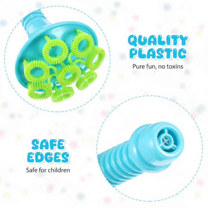 Close-ups of the green multi-ring bubble head and blue blower mouthpiece