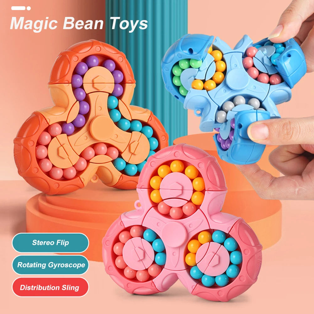 Orange, blue, and pink bead fidget puzzles with rotating sections and colorful bead tracks