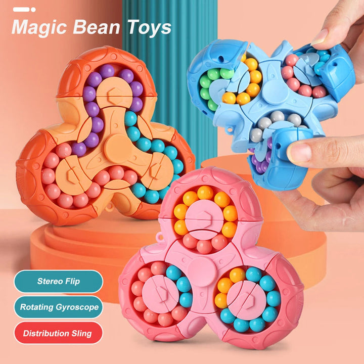 Orange, blue, and pink bead fidget puzzles with rotating sections and colorful bead tracks