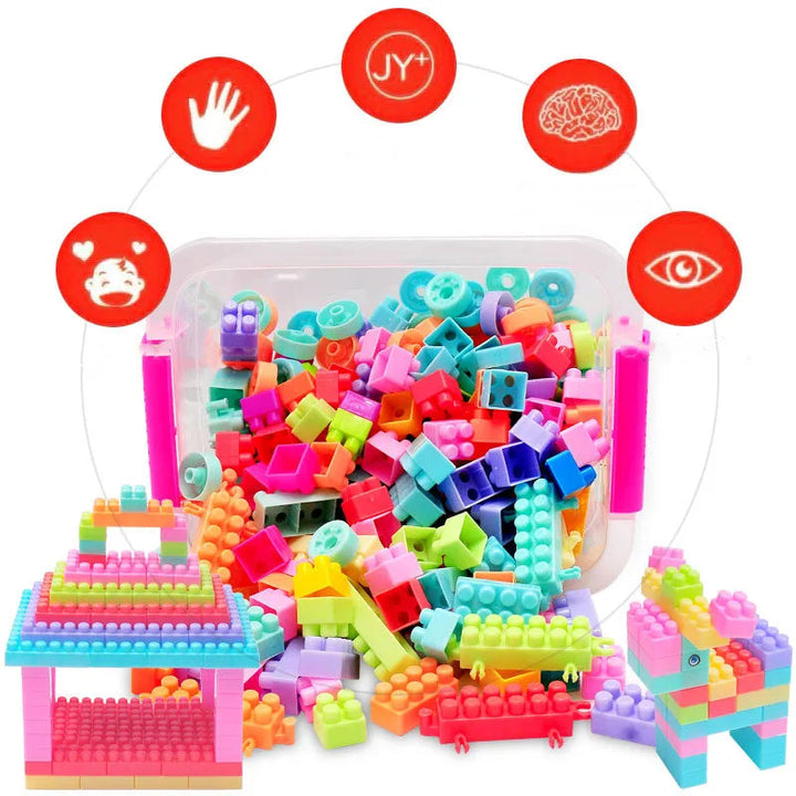 Multicolor building blocks in a storage container with a block house and animal model