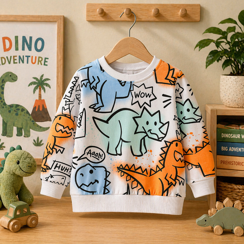 White sweatshirt with allover dinosaur doodles in orange, blue, green, and black