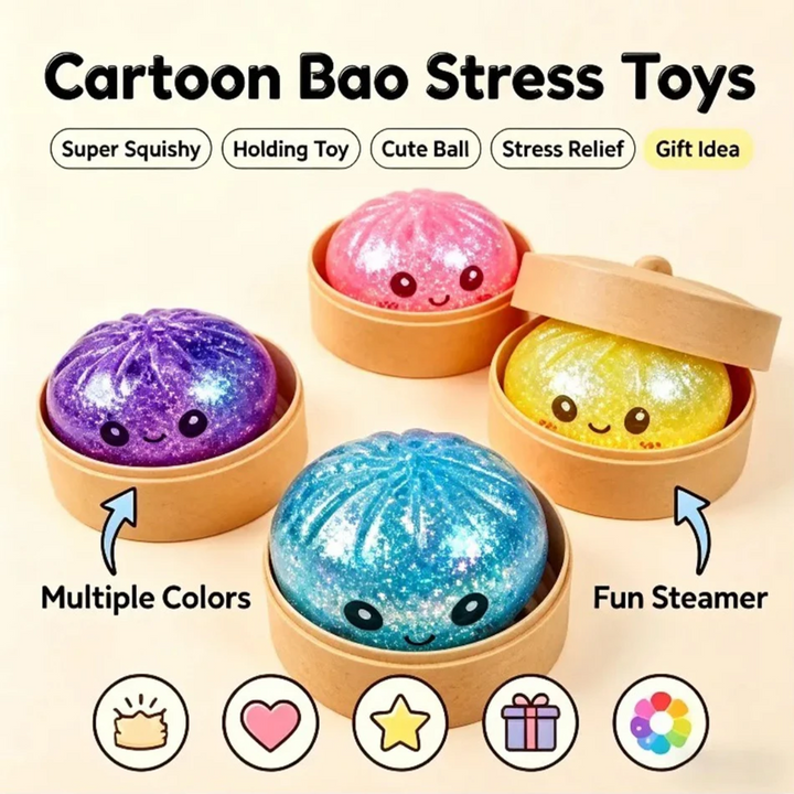 Purple, pink, yellow, and blue glitter dumpling toys in round steamer-style cases