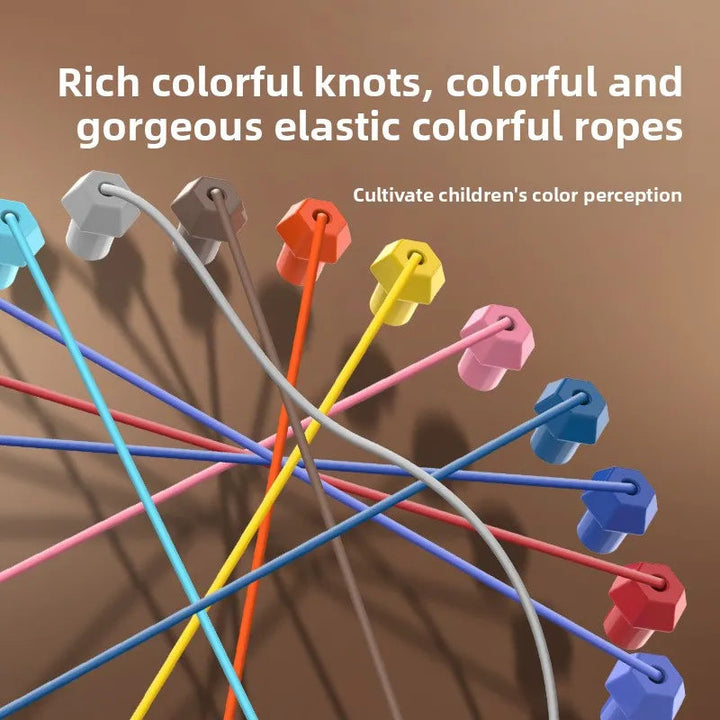 Close-up of multicolored elastic ropes and matching connectors.