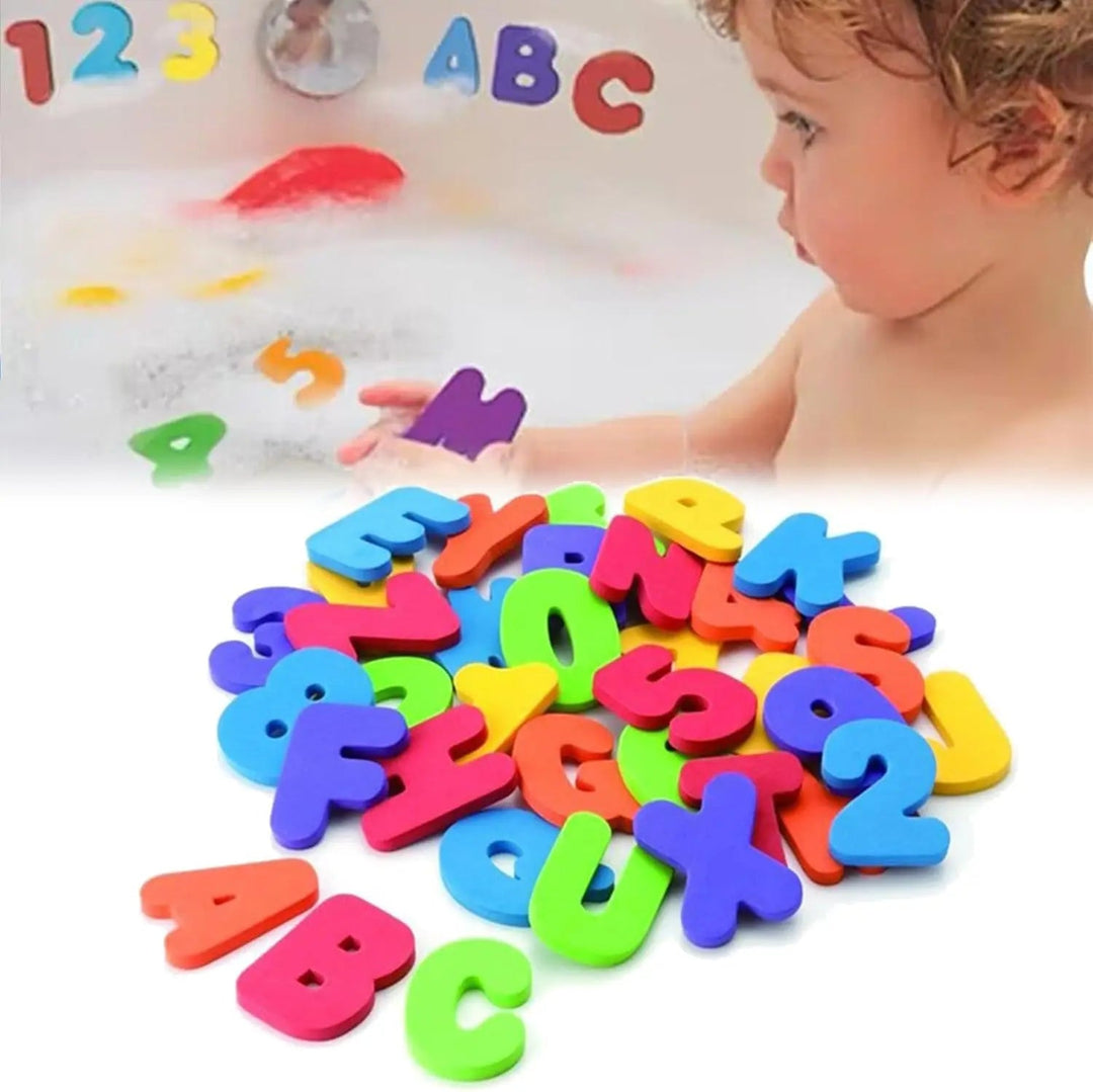 Colorful EVA bath letters and numbers shown with a child playing in the tub