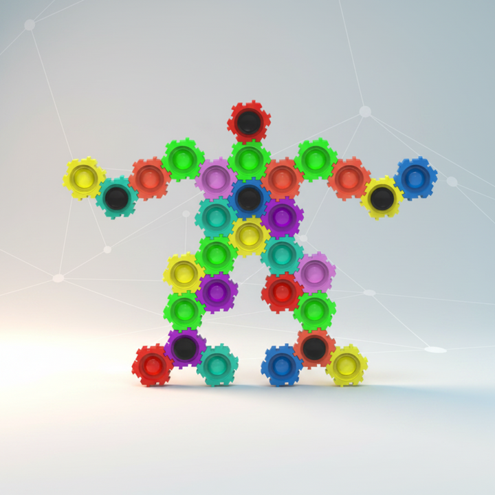 Colorful interlocking gears assembled into a standing figure with outstretched arms.