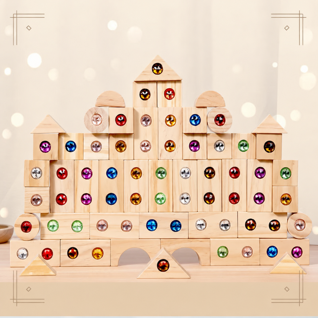 Symmetrical wooden block castle with multicolored acrylic gems on a tabletop