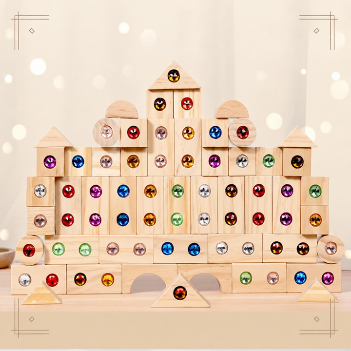 Symmetrical wooden block castle with multicolored acrylic gems on a tabletop