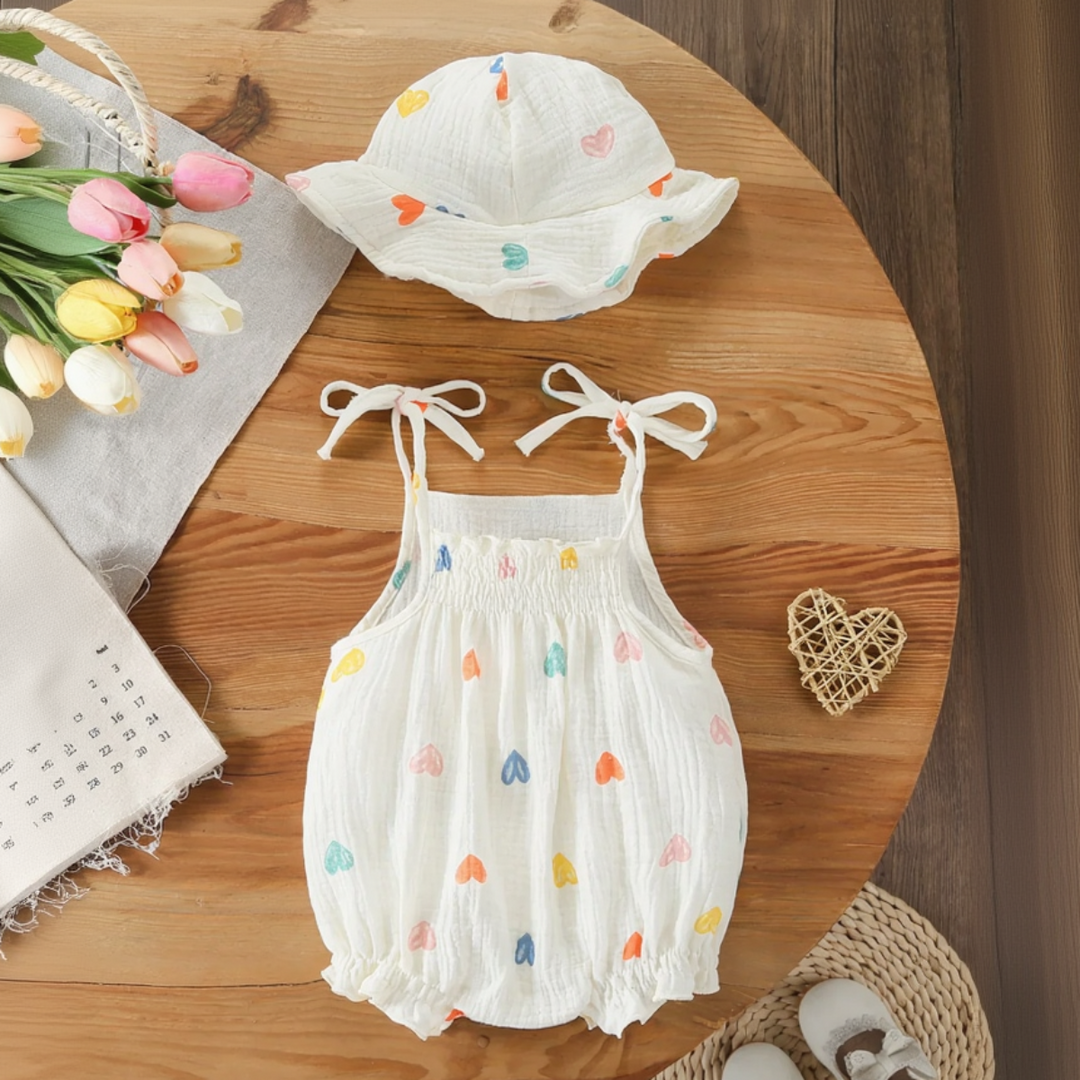 Multicolor heart-print baby bodysuit and matching hat on a wooden table