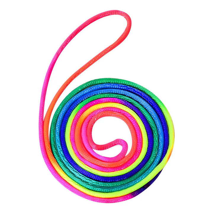 Multicolor elastic jump band coiled in a spiral with a loose loop