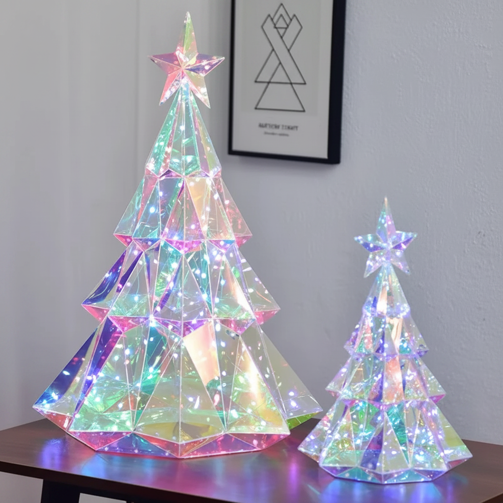 Two star-topped LED Christmas trees glowing with multicolor lights on a dark tabletop