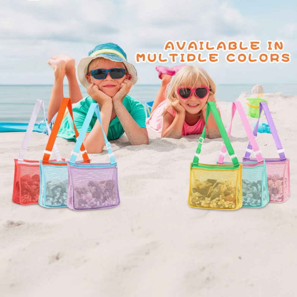 Children on the sand behind mesh beach bags in several color combinations