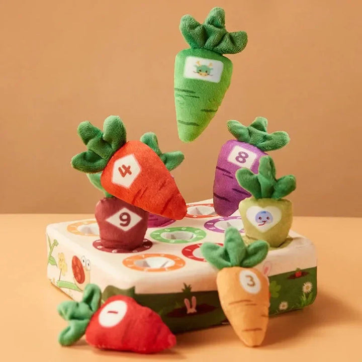 Multicolored plush carrots with number patches displayed around a matching garden board