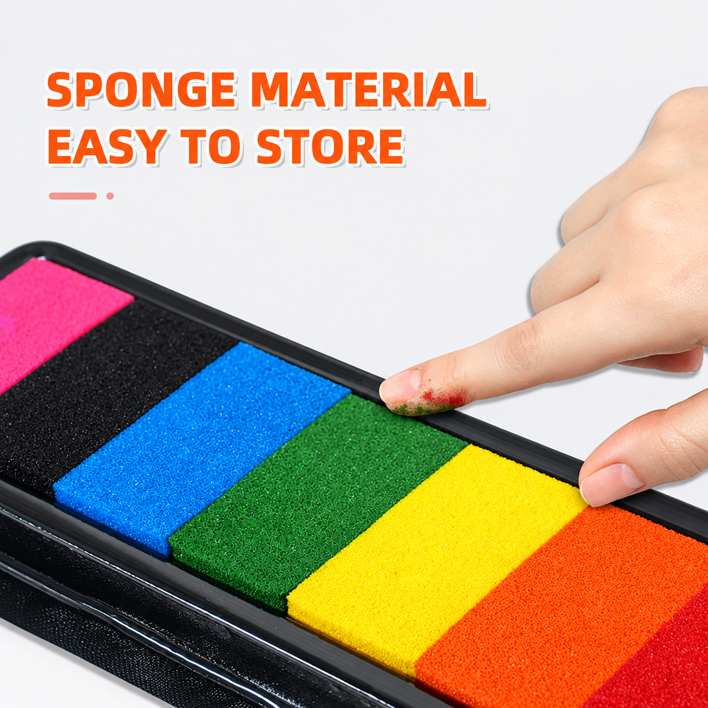 Multicolor sponge paint pad with a fingertip touching the green section