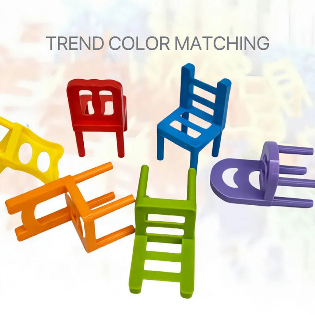 Six colorful stacking chairs with different backrest shapes