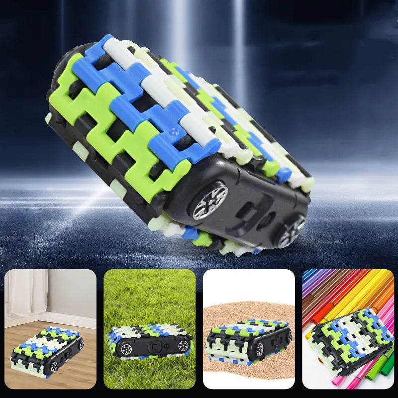 Black toy car with colorful linked treads and inset views on different surfaces