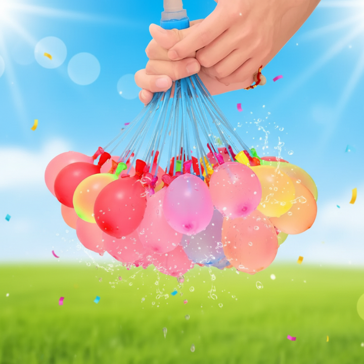 Hands holding a hose-connected bunch of filled multicolor water balloons over grass