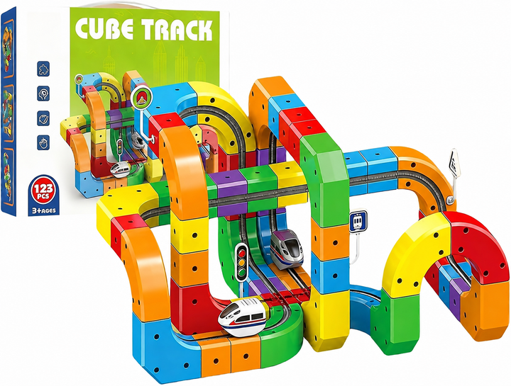 Colorful multi-level cube train track with arched routes, a white train, and its product box.
