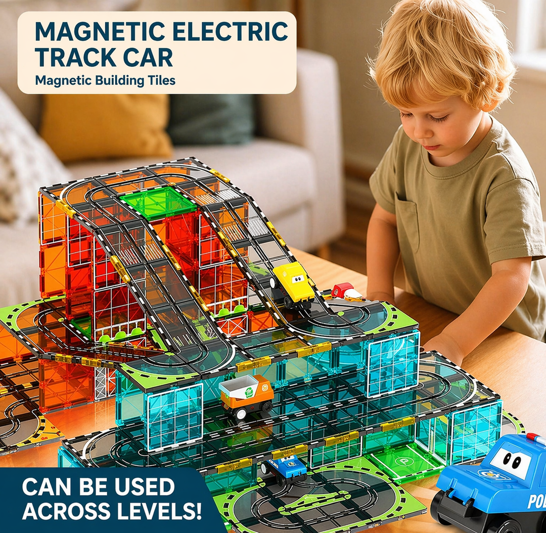 Child beside a multilevel magnetic road track with colorful tiles and toy vehicles