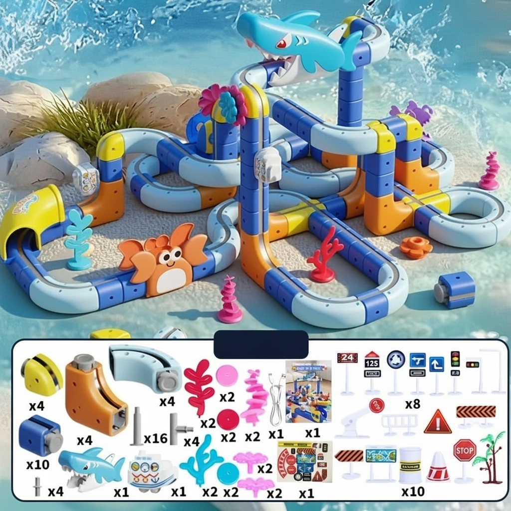 Multilevel ocean train set with an illustrated component list