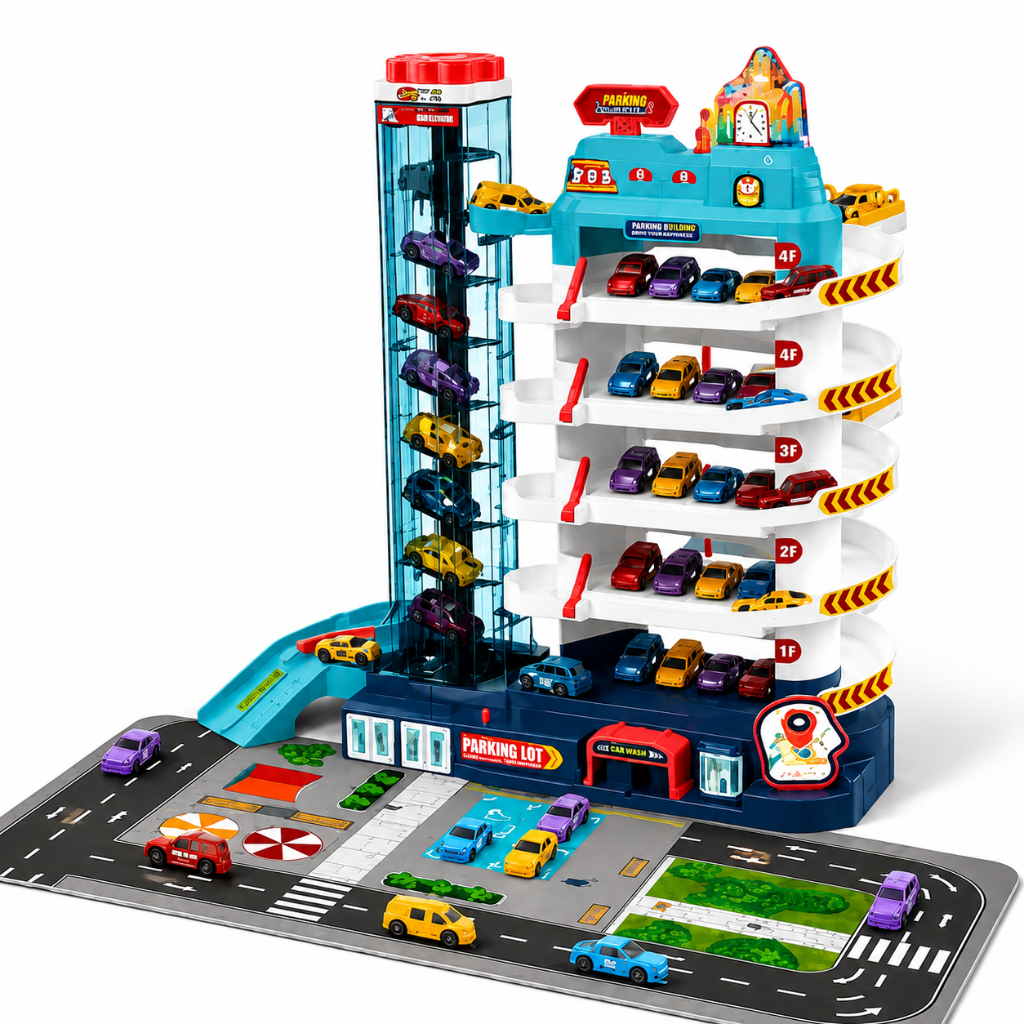 Multilevel parking garage with a clear lift tower, spiral ramps, cars, and a printed road base.