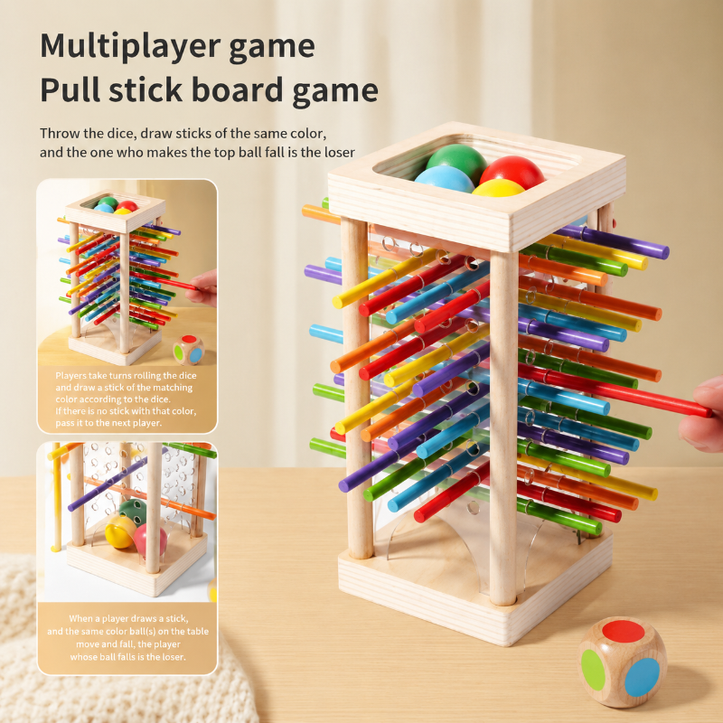 Multiplayer tower game guide showing colored sticks supporting balls and a color die.