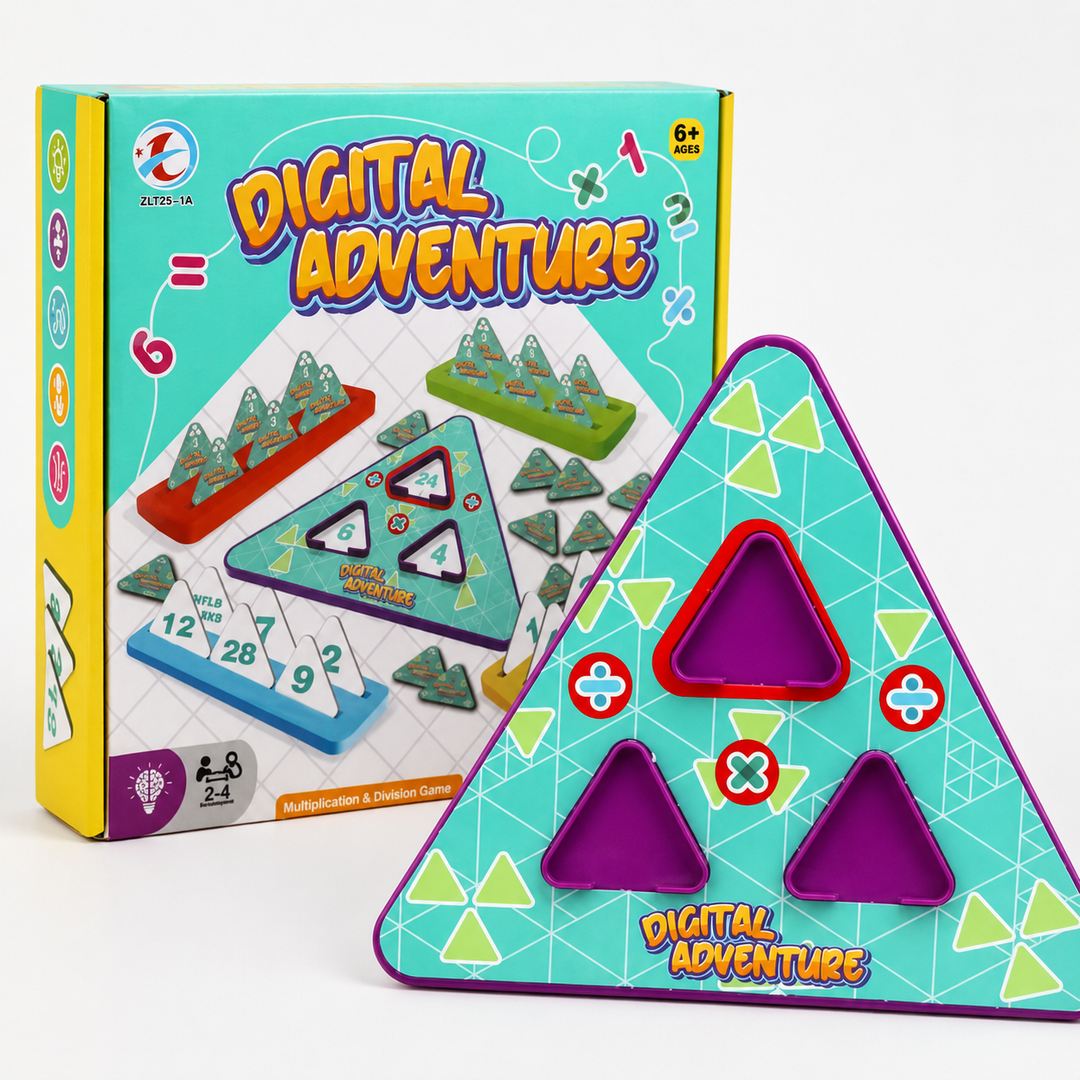 Multiplication and division game box beside a green triangular board with purple number spaces