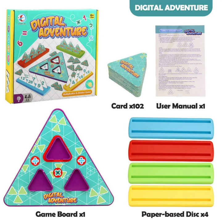 Multiplication and division set with a board, 102 cards, four card holders, and instructions