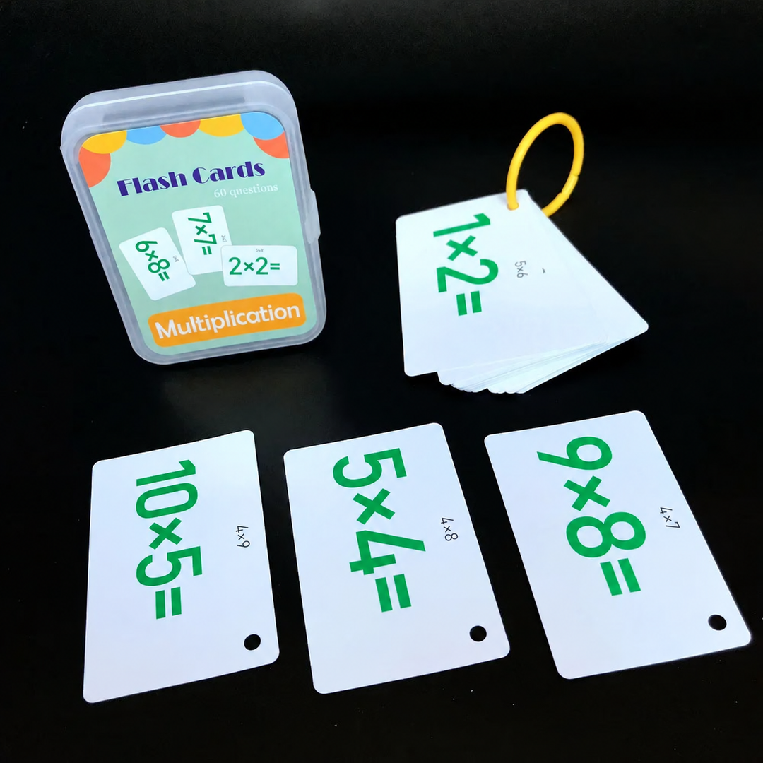 Multiplication flash cards with green equations, a yellow ring, and a storage case.
