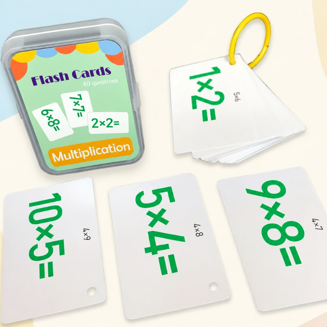 Multiplication flash cards with green equations, a yellow ring, and storage case.